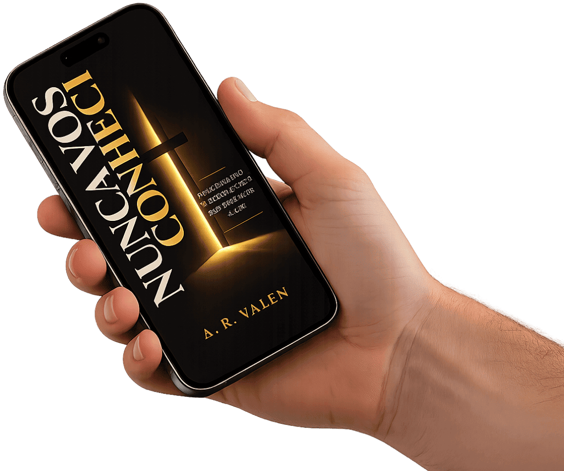 Mockup do e-book Nunca Vos Conheci aberto na tela de um smartphone